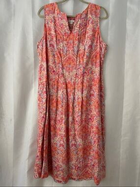J. Jill Love Linen Pink & Coral L Paisley Sleeveless Pleated Midi Boho Dress